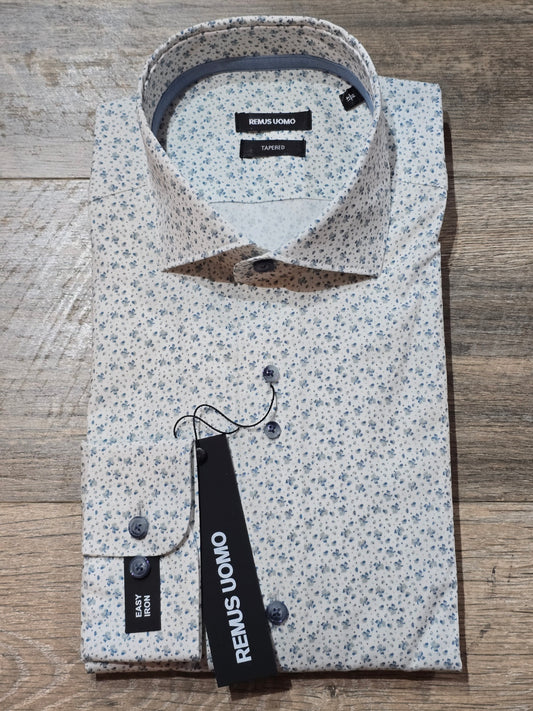 Remus Uomo Tapered White / Blue flower Print Shirt