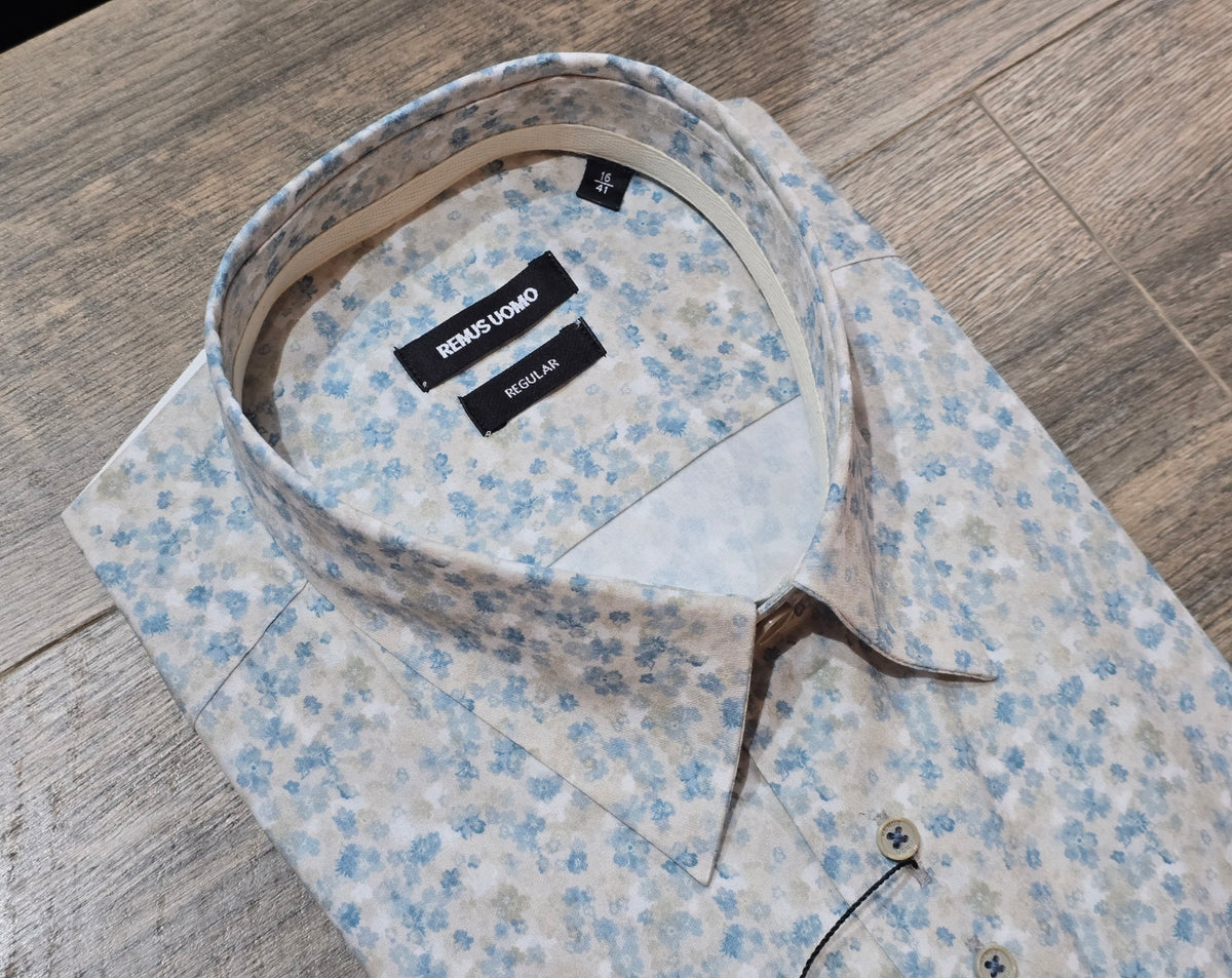 Remus Uomo Regular Fit White / Blue/ Sand Print Shirt