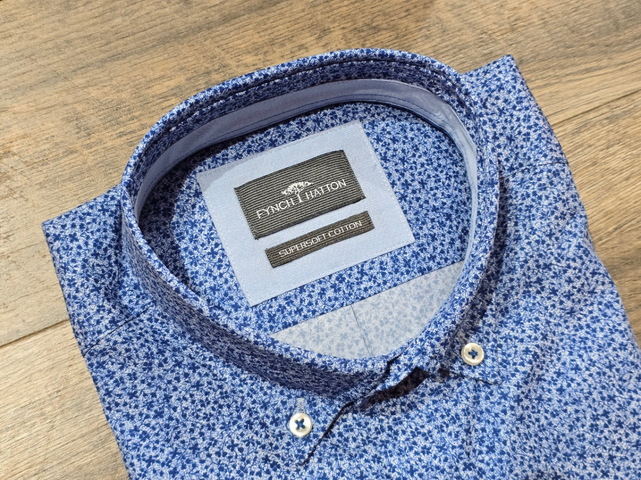 FYNCH-HATTON Blue Geometric Button Down Shirt