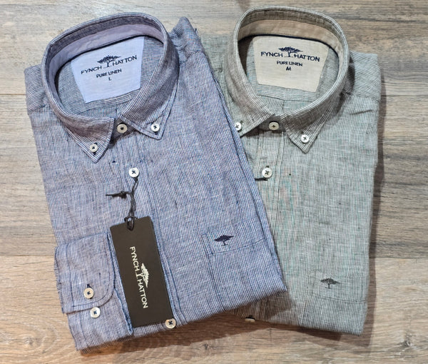 FYNCH-HATTON Long Sleeve Fine Stripe Linen Shirts