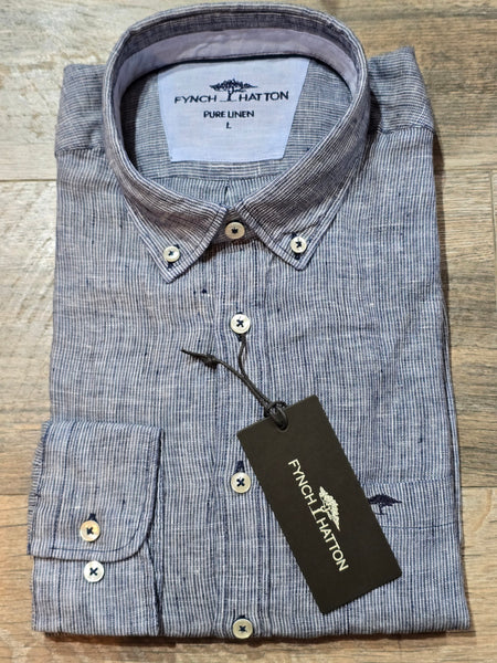 FYNCH-HATTON Long Sleeve Fine Stripe Linen Shirts