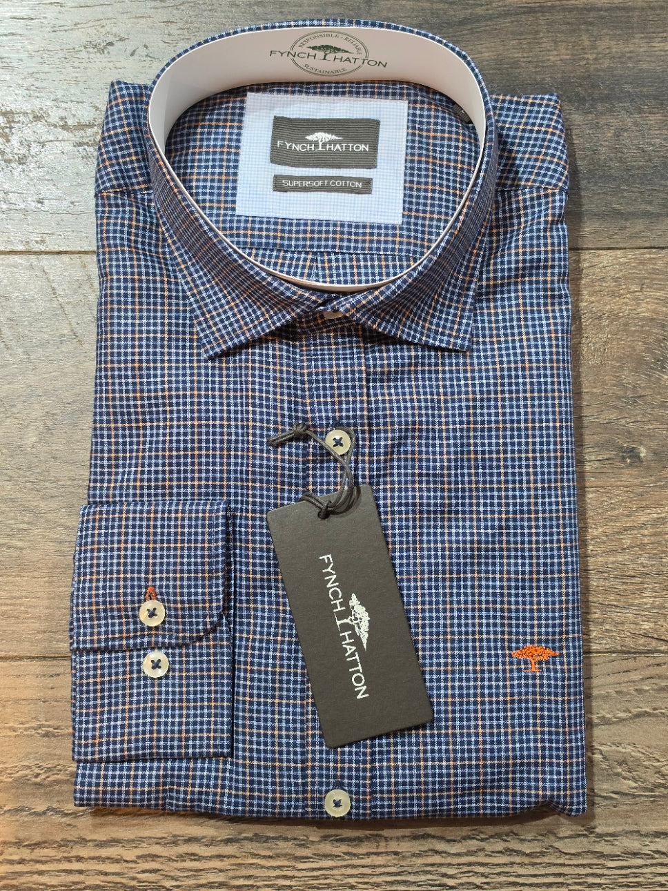 FYNCH-HATTON Blue with Orange Check BD Shirt