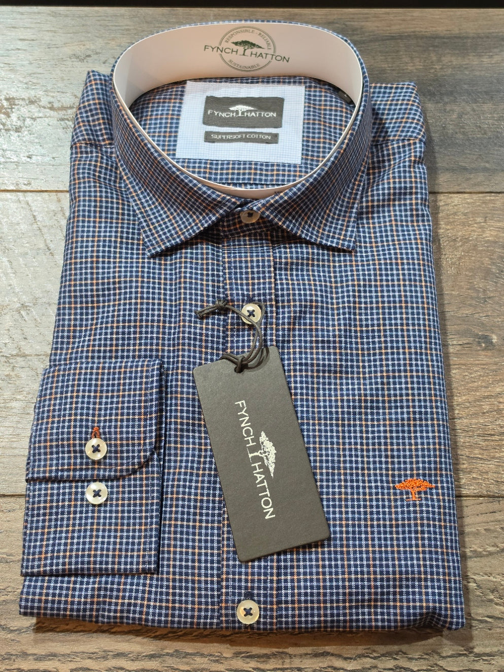 FYNCH-HATTON Blue with Orange Check BD Shirt