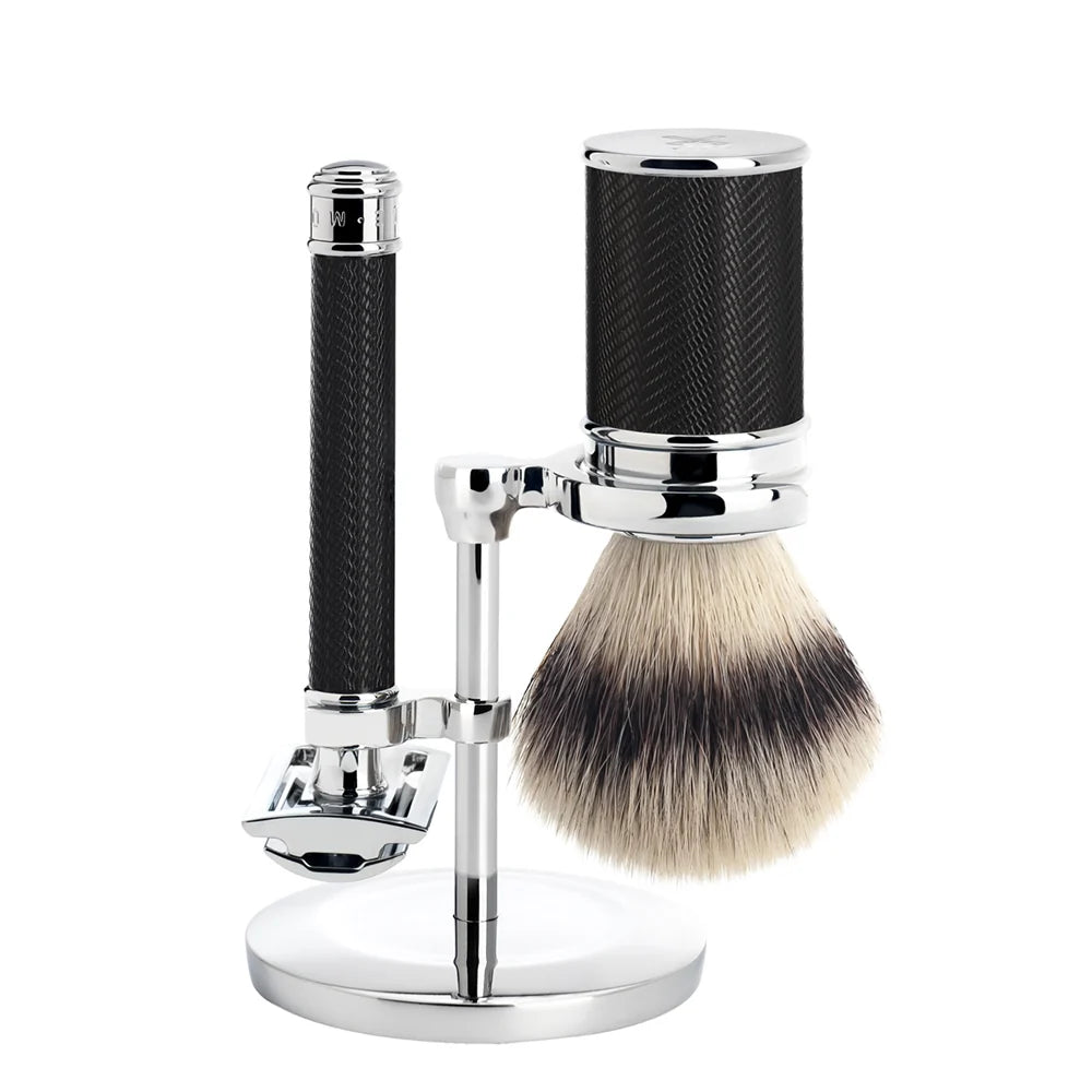 Black Chrome Silvertip Fibre Brush and R89 Safety Razor Shaving Set
