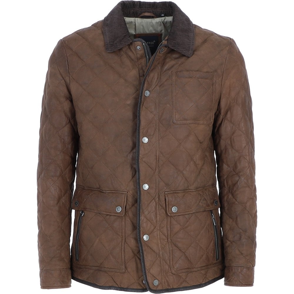 Trapper Quilted 3/4 Buff Leather Jacket - Mid-Brown