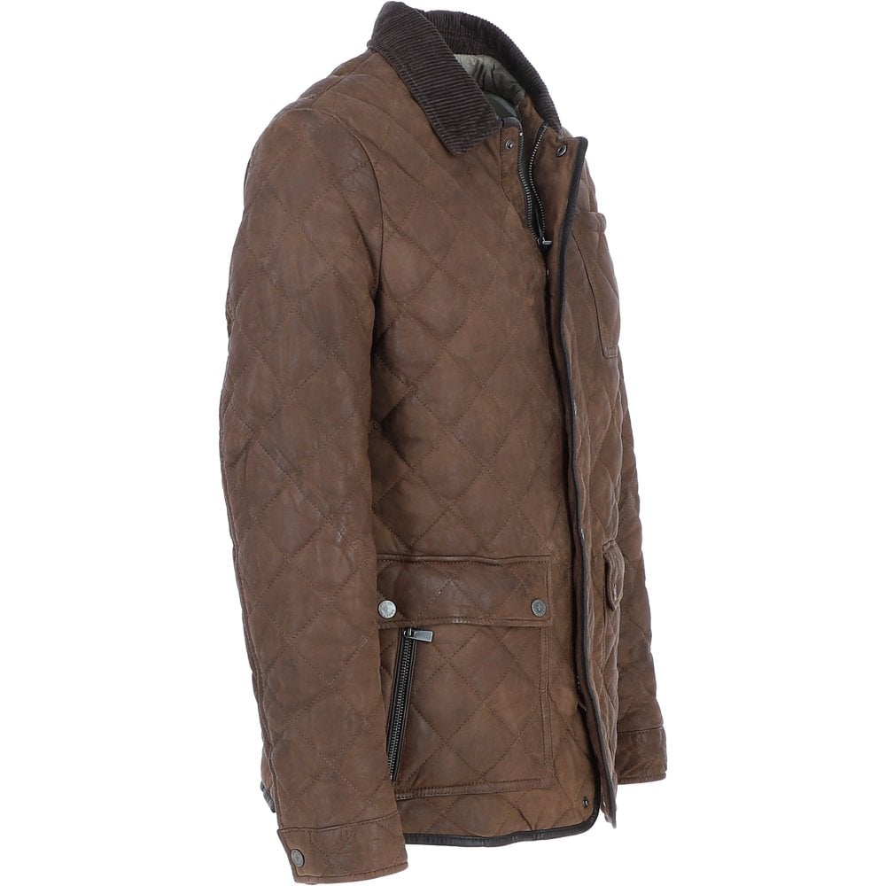 Trapper Quilted 3/4 Buff Leather Jacket - Mid-Brown